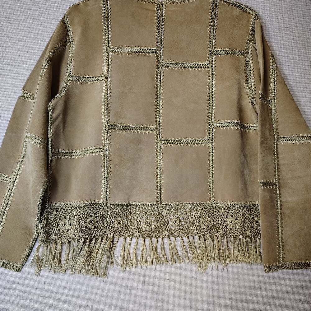 Patchwork Suede Jacket Womens M Boho Western Crochet Fringe 70s Hippie - Picture 2 of 14
